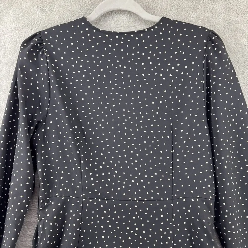 Uniqlo Dress M Black Polka Dots Babydoll V-Neck Ballon Sleeve Knee Length Pocket